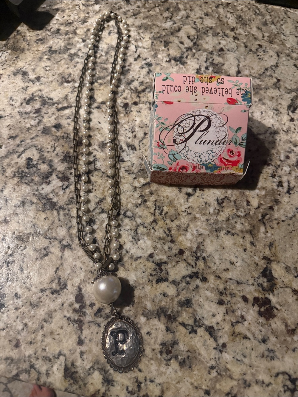 Plunder Silver & White Faux Pearl Monogram 'P' Pendant Necklace Initial P NEW